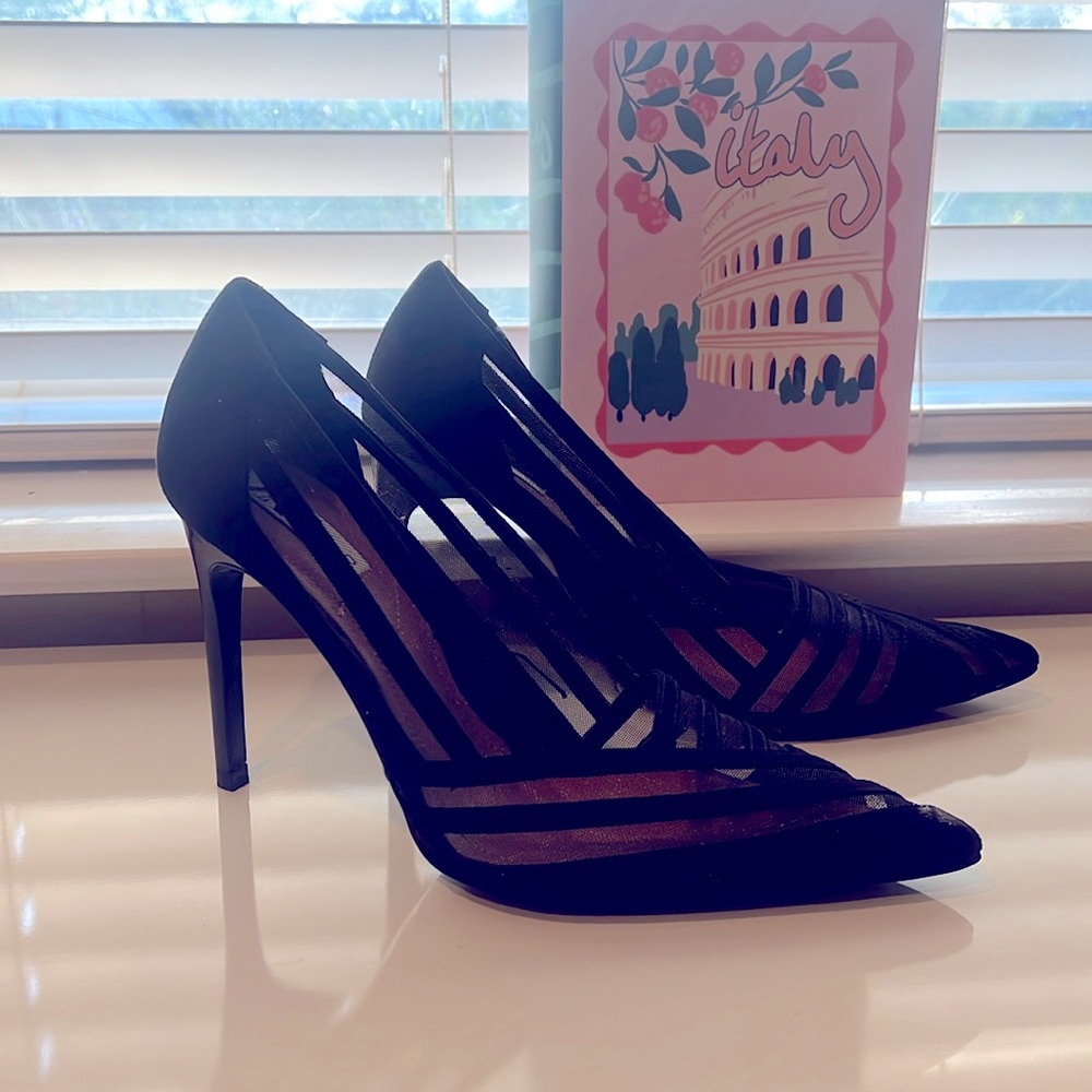 Black Zara mesh and vegan leather heels